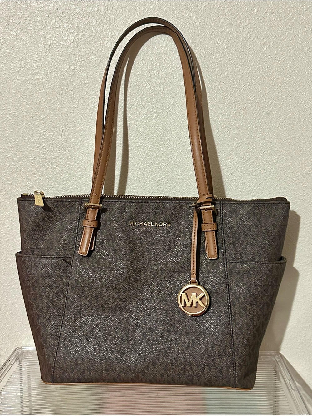 Michael Kors Dark Brown Signature Tote with Tan Handles